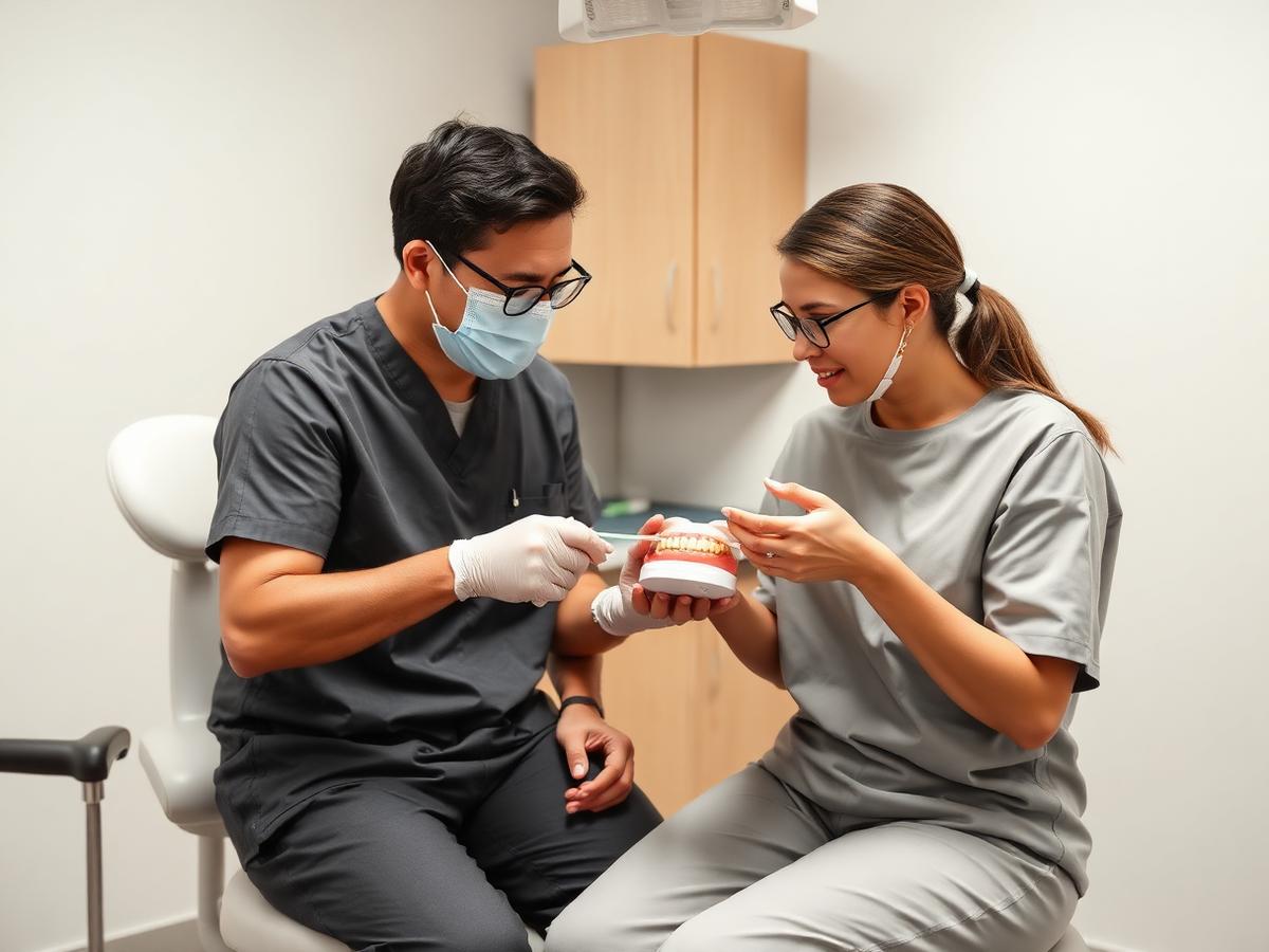 Dentist explaining treatment to a seated patient