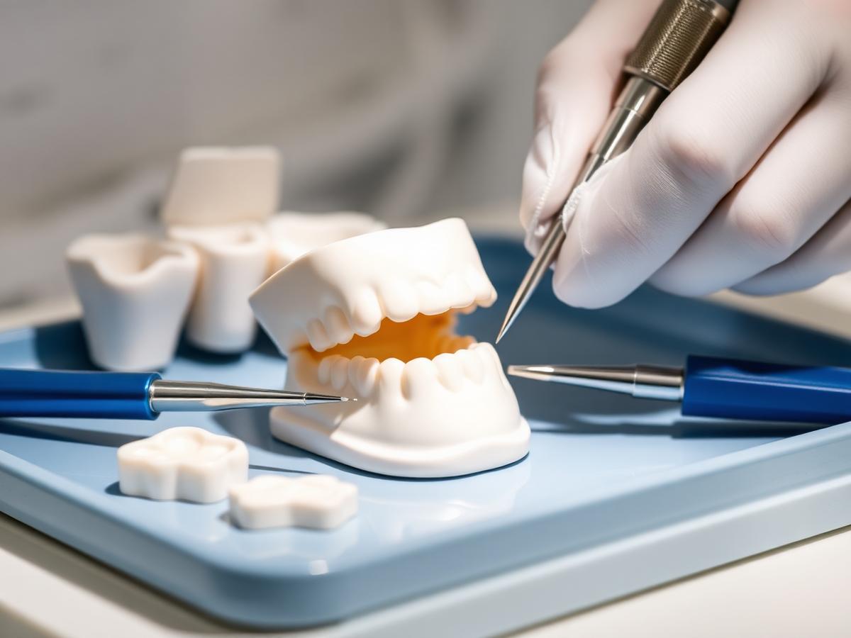 Dental crown and restorative materials on a treatment tray